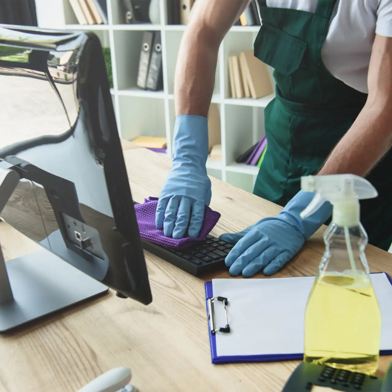 professional cleaner in rubber gloves cleaning computer keyboard in office